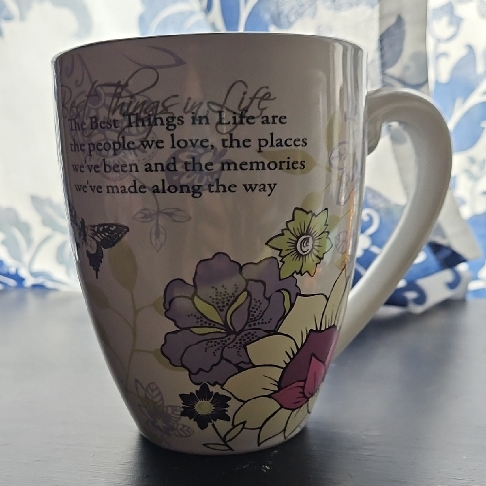 Floral Inspirational Ceramic Coffee Mug - Purple & Cream
